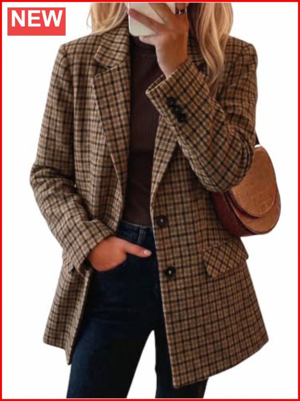 Wool Blend Plaid Houndstooth Blazer Oversized Business Casual